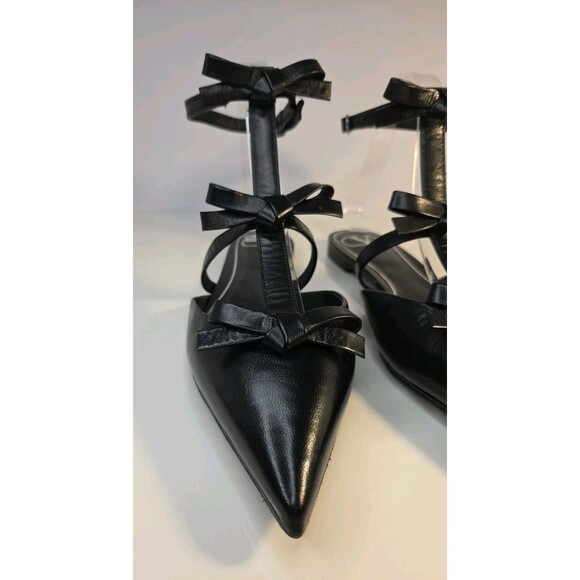 Garavani Valentino EU 37.5 Black Leather Flat Sandals French Bows & Ankle Strap - Picture 5 of 16